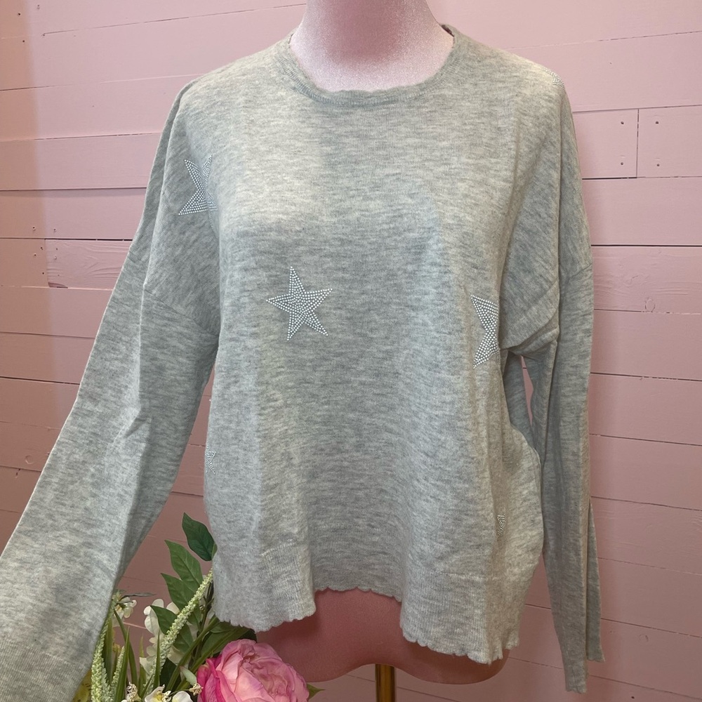 SUNDRY Gray Women's lightweight cashmere blend sweater with star embellishments.